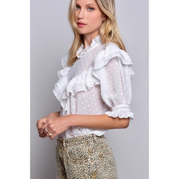 POL Swiss Dot Ruffle Mock Neck Blouse Half Sleeves Relaxed Fit - Picture 4 of 11